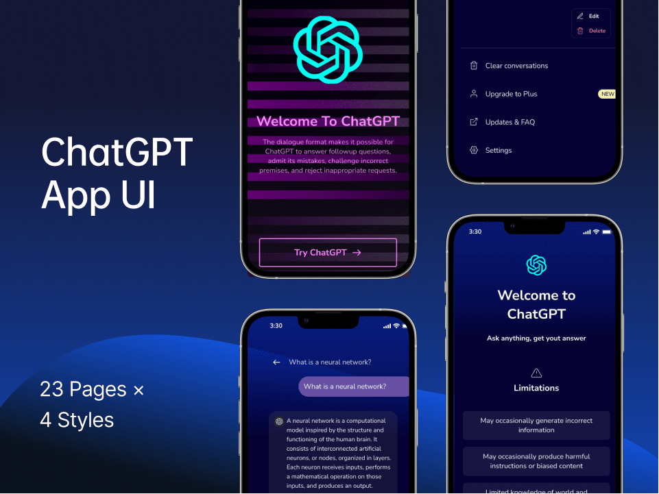 1. ChatGPT app UI设计素材下载2. 现代风格ChatGPT app UI界面设计3. ChatGPT人工智能聊天软件UI设计4. 注册登录界面Figma素材下载