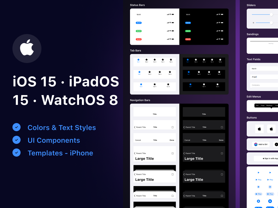 iOS 15、iPadOS 15 和 WatchOS 8 应用UI组件.Fig素材下载