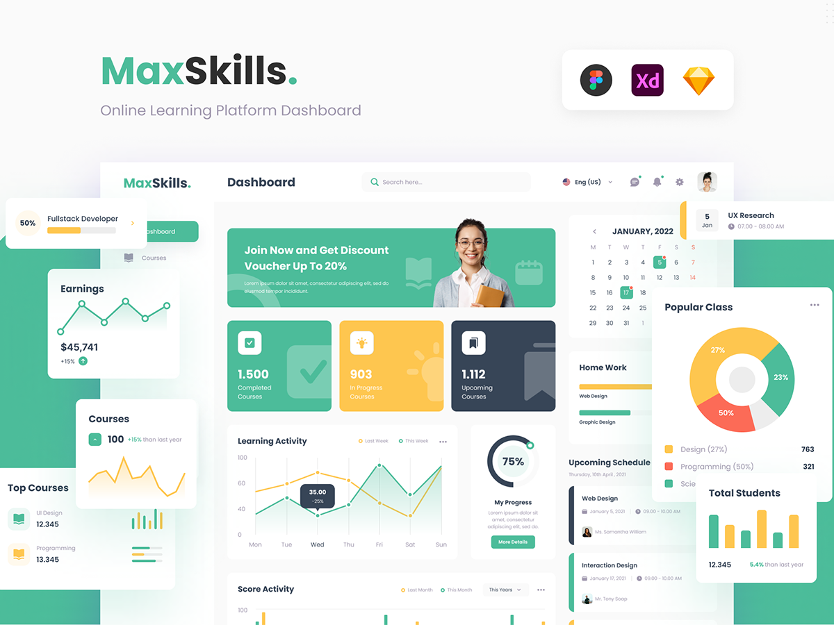 MaxSkills后台dashboard界面设计源文件，e-learning学习平台UI素材下载