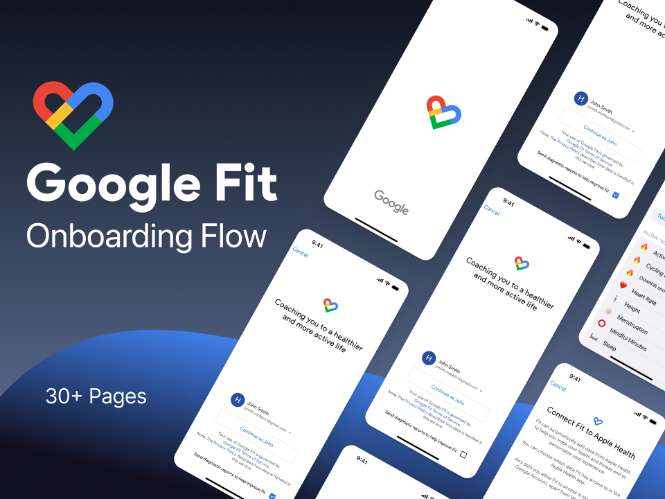 Google Fit应用程序引导UI设计素材、UI8下载、应用、fig、Figma、引导